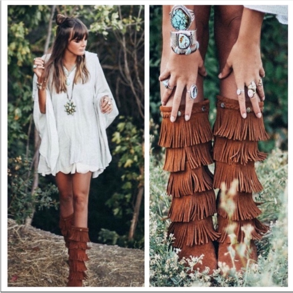 Minnetonka Brown Multi-Tier Fringe Knee Boots
